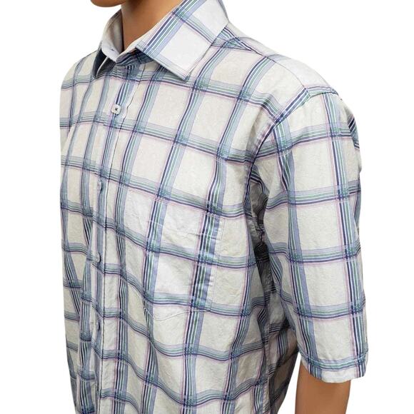 Bugatchi Shirt Short Sleeve Men L Blue Multicolor Plaid & Floral Button Up - Picture 7 of 12